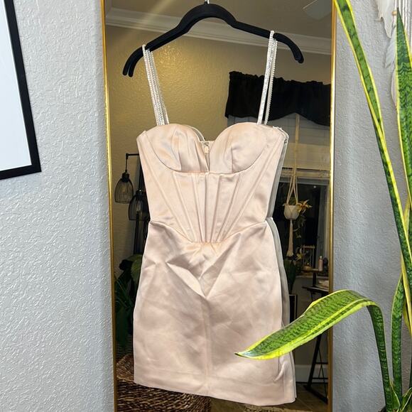 HOUSE OF CB 'Cordelia' Beige Corset Mini Dress with Crystal Straps NWT - Picture 1 of 5